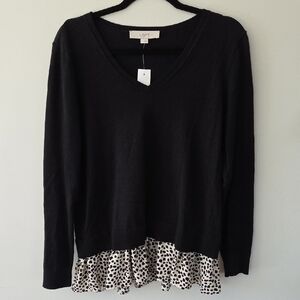 NWT LOFT Black Layered Top with White Polka Dot Hem